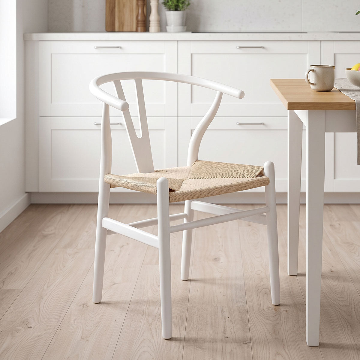 Καρέκλα Wishbone pakoworld rubberwood-σχοινί σε λευκή απόχρωση 53.5x57x74εκ