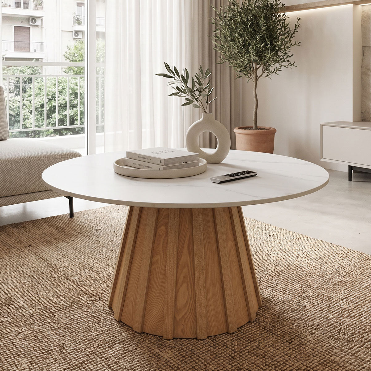Τραπέζι σαλονιού Franzel pakoworld sintered stone σε όψη μαρμάρου-mdf σε φυσική απόχρωση Φ80x40εκ