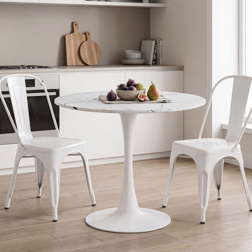 Tραπέζι Balou pakoworld sintered stone σε λευκή απόχρωση με όψη μαρμάρου-βάση λευκό μέταλλο Φ90x73εκ