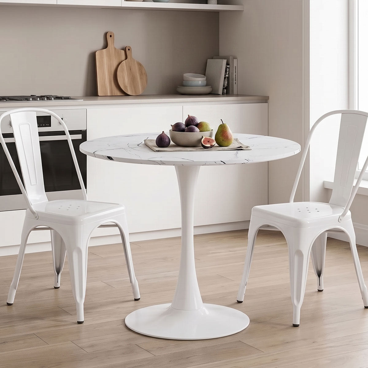 Tραπέζι Balou pakoworld sintered stone σε λευκή απόχρωση με όψη μαρμάρου-βάση λευκό μέταλλο Φ90x73εκ