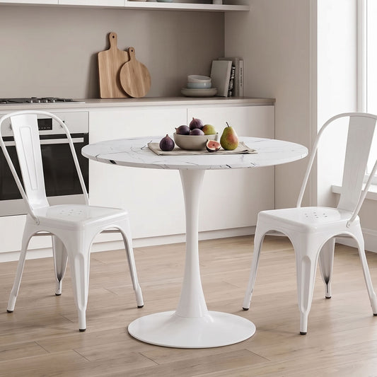 Tραπέζι Balou pakoworld sintered stone σε λευκή απόχρωση με όψη μαρμάρου-βάση λευκό μέταλλο Φ90x73εκ