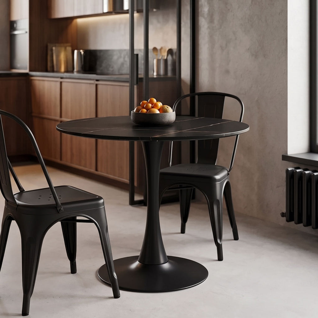 Tραπέζι Balou pakoworld sintered stone σε μαύρη απόχρωση με όψη μαρμάρου-βάση μαύρο μέταλλο Φ90x73εκ
