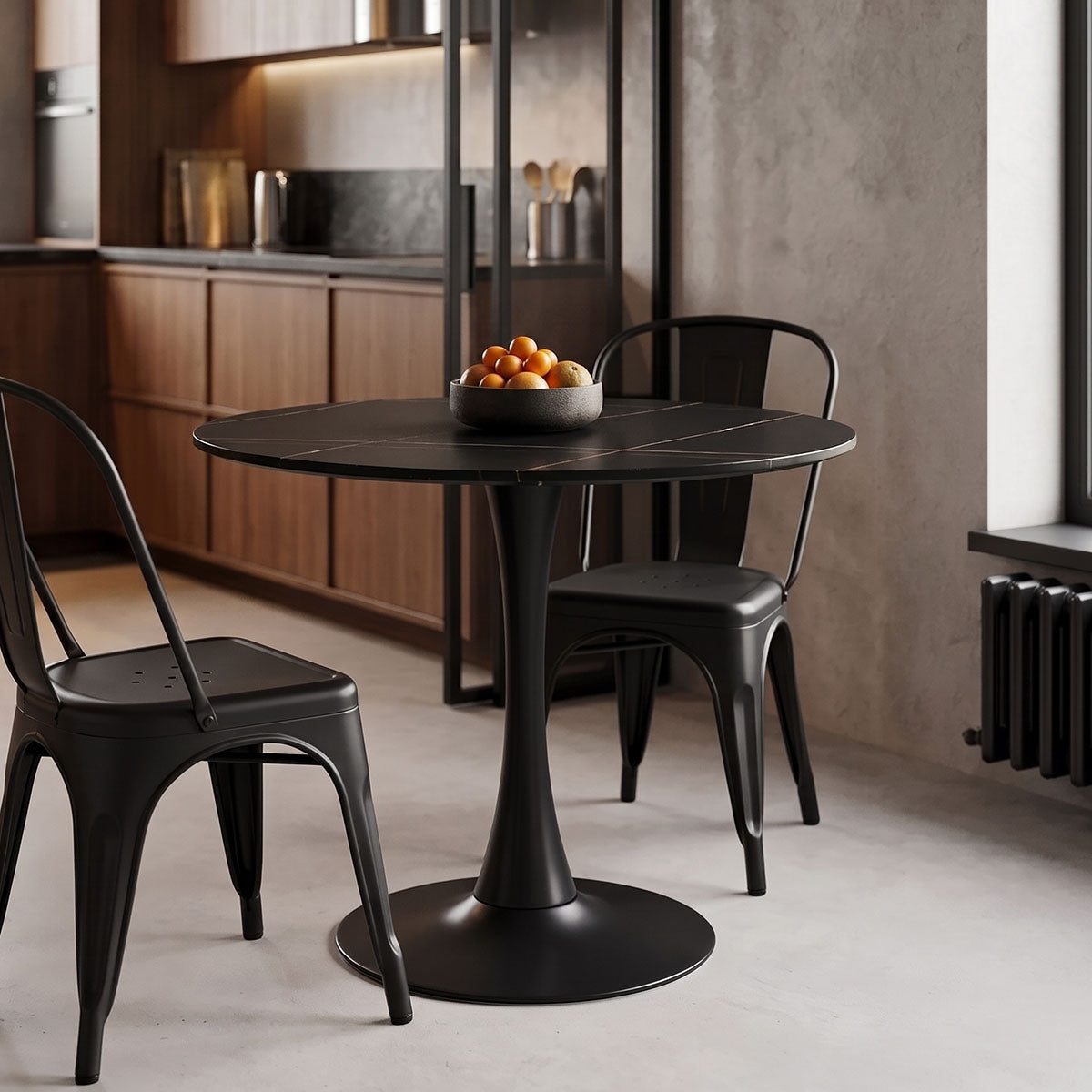 Tραπέζι Balou pakoworld sintered stone σε μαύρη απόχρωση με όψη μαρμάρου-βάση μαύρο μέταλλο Φ90x73εκ