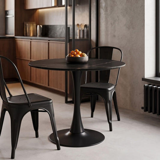 Tραπέζι Balou pakoworld sintered stone σε μαύρη απόχρωση με όψη μαρμάρου-βάση μαύρο μέταλλο Φ90x73εκ