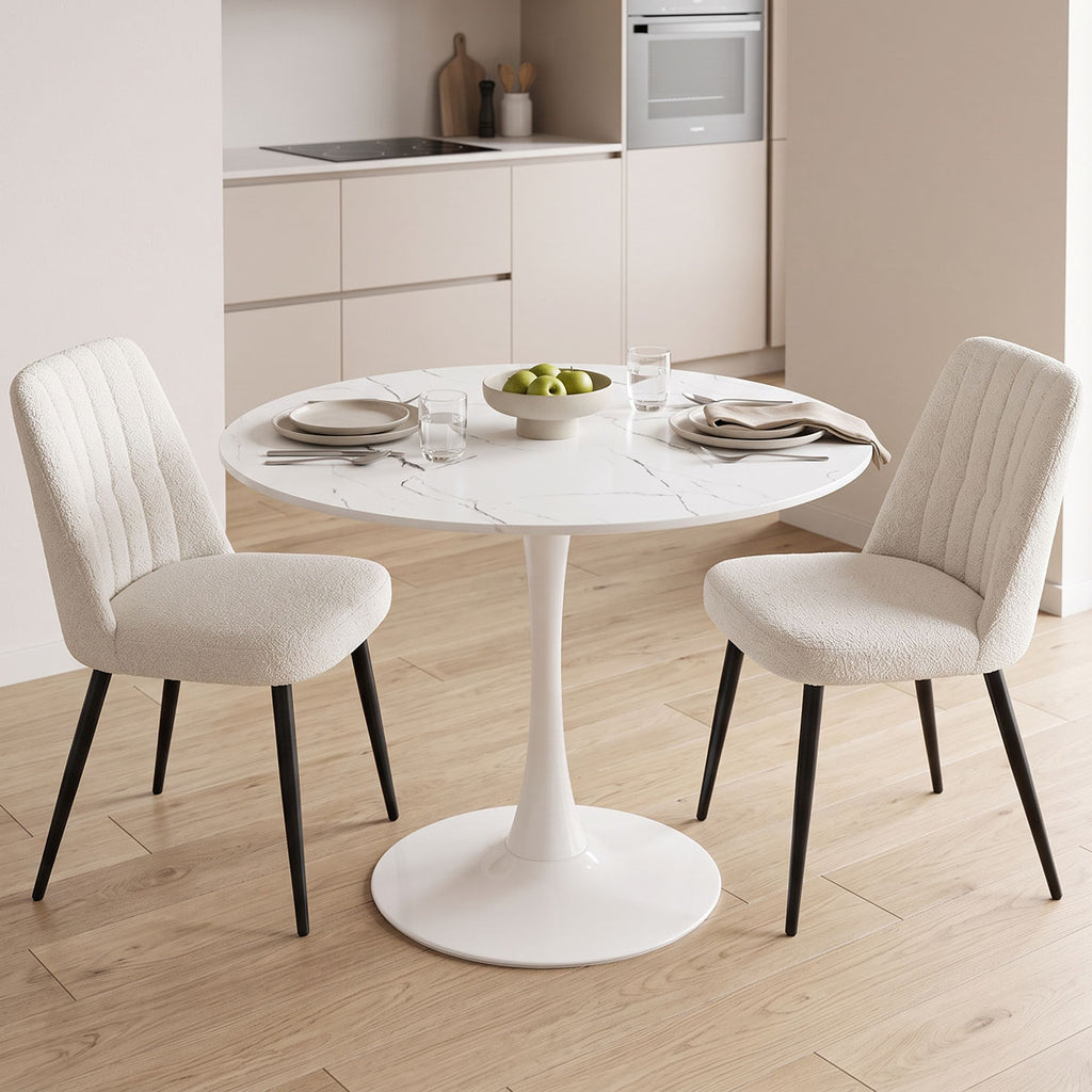 Tραπέζι Balou pakoworld sintered stone σε λευκή απόχρωση με όψη μαρμάρου-βάση λευκό μέταλλο Φ120x73εκ