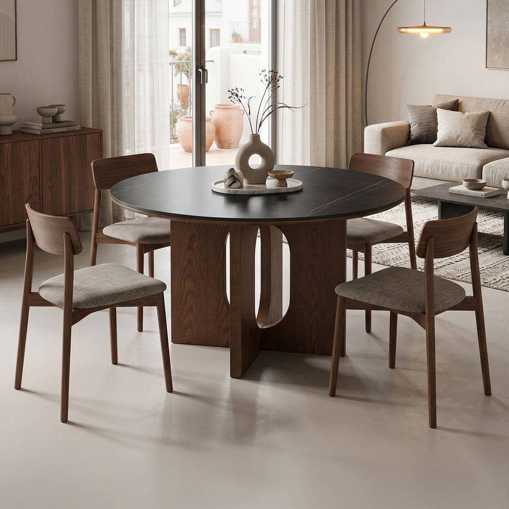 Τραπέζι Merge pakoworld sintered stone-mdf σε μαύρο μαρμάρου με καρυδί βάση Φ130x75εκ