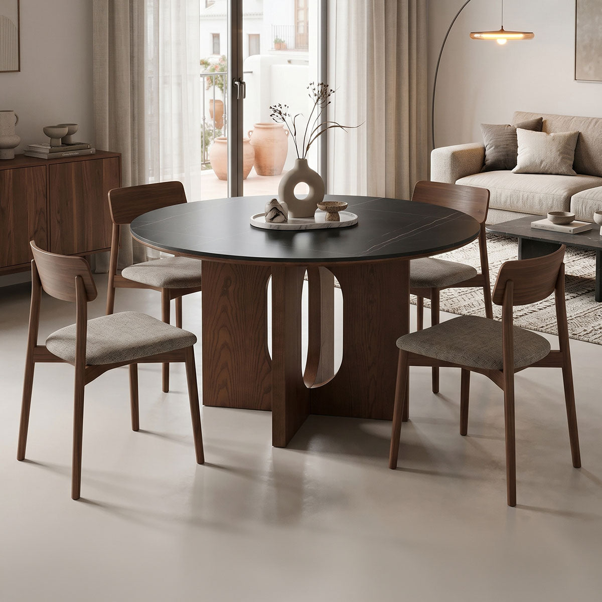 Τραπέζι Merge pakoworld sintered stone-mdf σε μαύρο μαρμάρου με καρυδί βάση Φ130x75εκ
