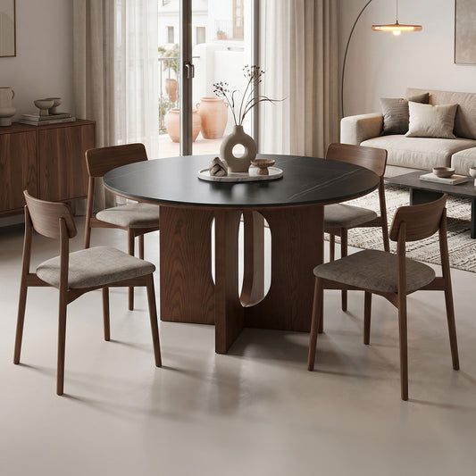 Τραπέζι Merge pakoworld sintered stone-mdf σε μαύρο μαρμάρου με καρυδί βάση Φ130x75εκ
