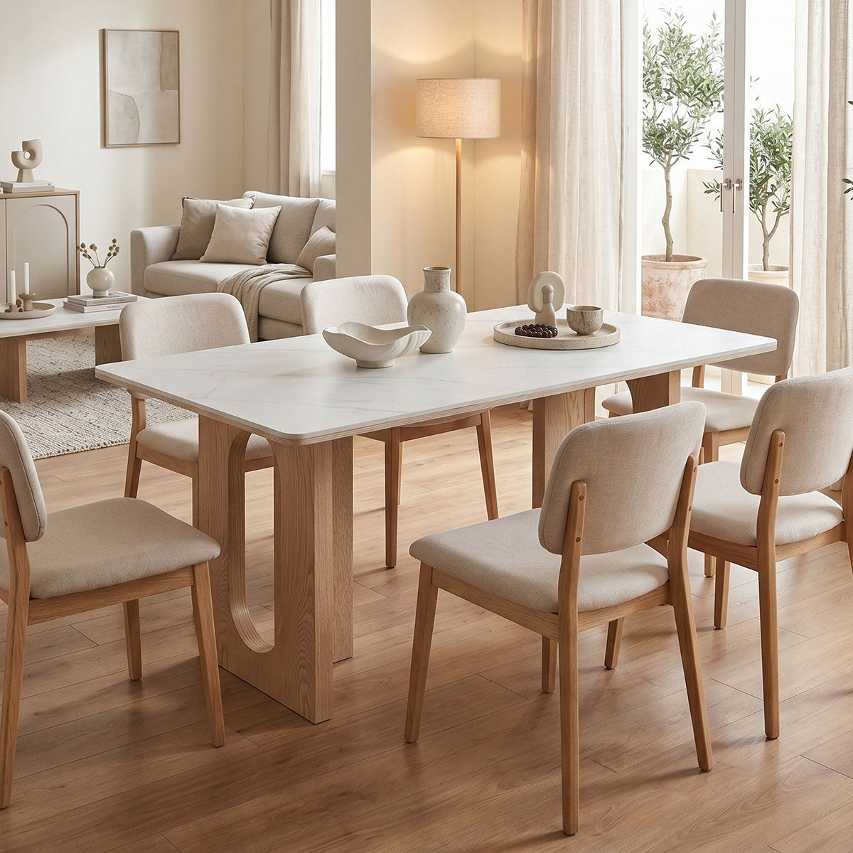 Τραπέζι Benqui pakoworld sintered stone-mdf σε λευκό μαρμάρου με βάση σε φυσική απόχρωση 160x90x75εκ