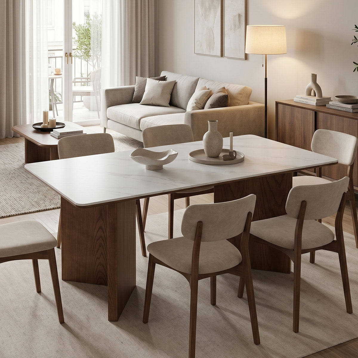 Τραπέζι Versy pakoworld sintered stone-mdf σε λευκό μαρμάρου με καρυδί βάση 160x90x75εκ