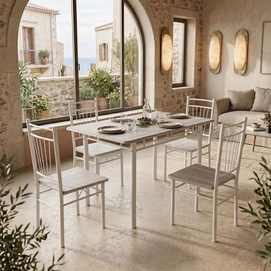 Τραπεζαρία Roza pakoworld σετ 5τμχ mdf sonoma με μεταλλικό λευκό πόδι 120x65x75εκ
