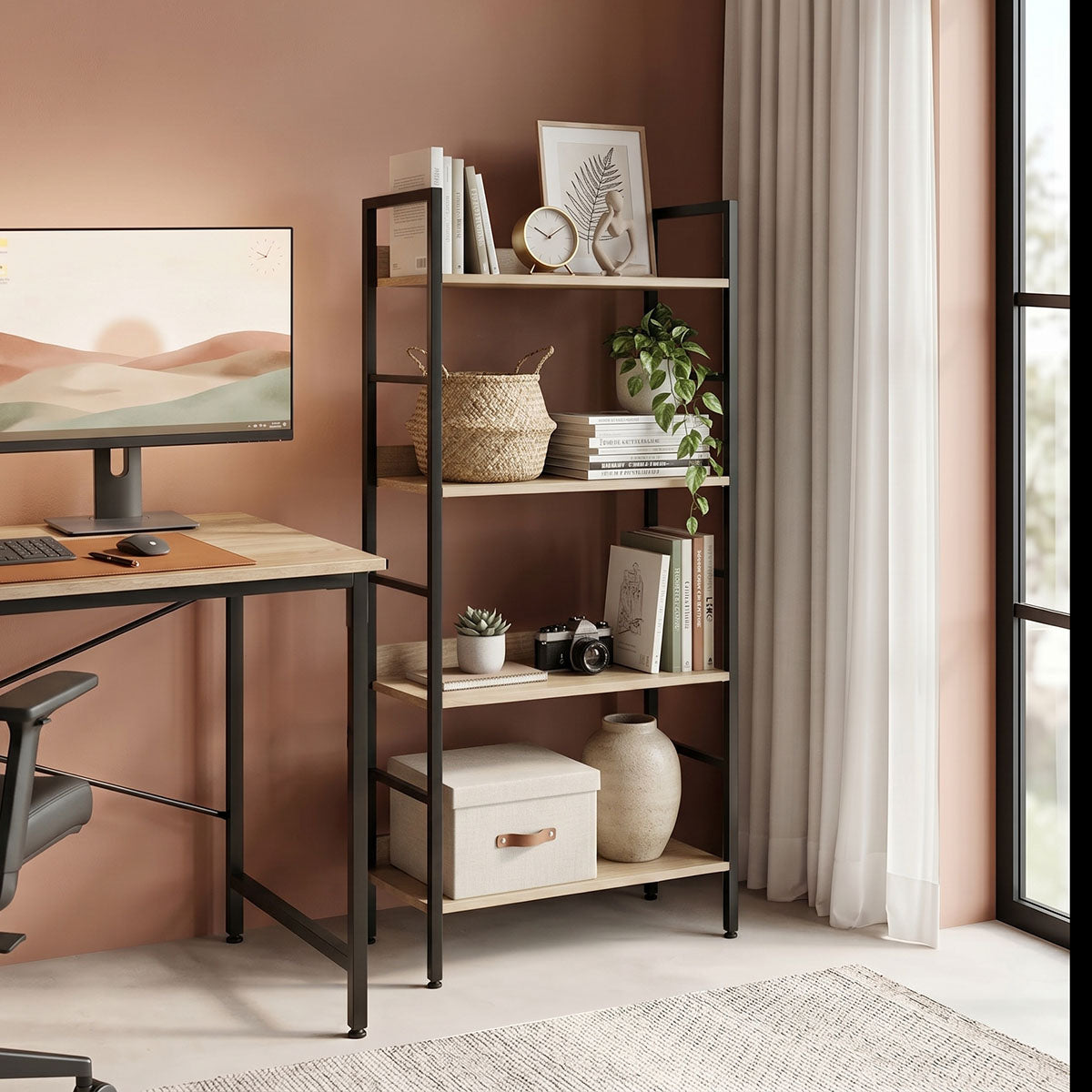Βιβλιοθήκη- Ραφιέρα Ramon pakoworld φυσικό-μαύρο 60x28x125,5εκ