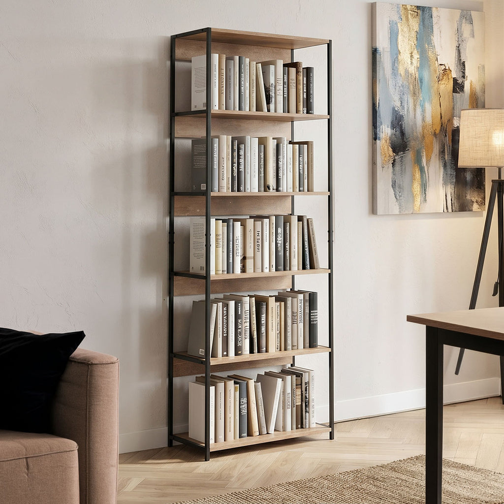 Βιβλιοθήκη Kaliano pakoworld oak-μαύρο μέταλλο 59.5x35x176.5εκ