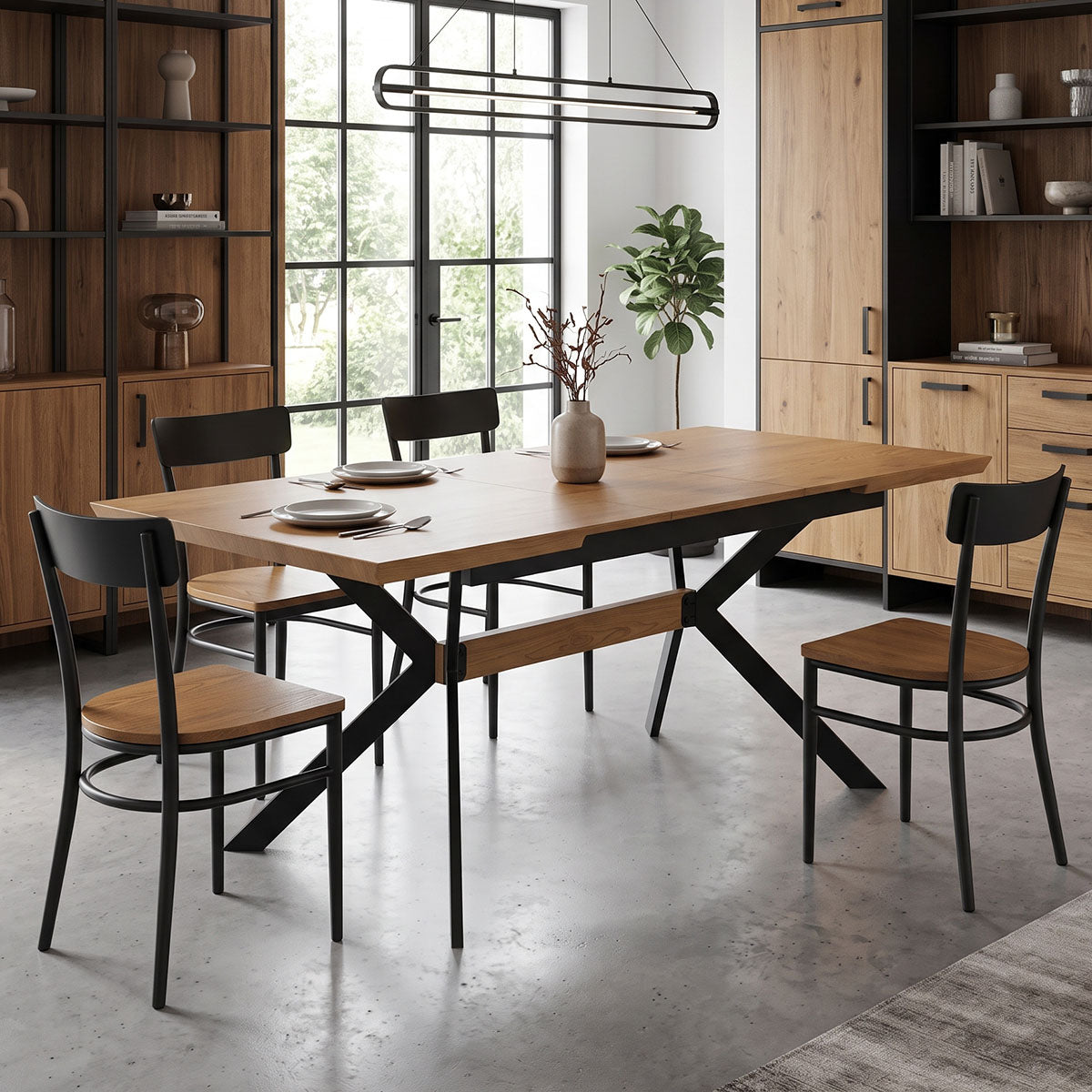Τραπέζι Jessamy pakoworld επεκτεινόμενο MDF 43mm σε φυσική απόχρωση και πόδι μεταλλικό μαύρο 160/200x90x76εκ