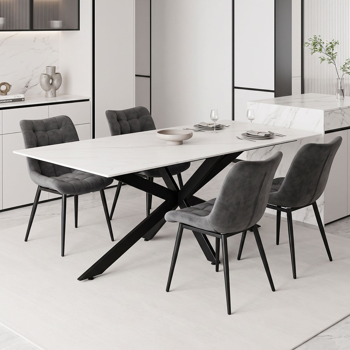 Τραπέζι Bethan pakoworld sintered stone λευκό-μαύρα μεταλλικά πόδια 180x90x75εκ