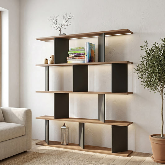 Βιβλιοθήκη Ratu pakoworld ανθρακί με oak 120x24,6x141εκ