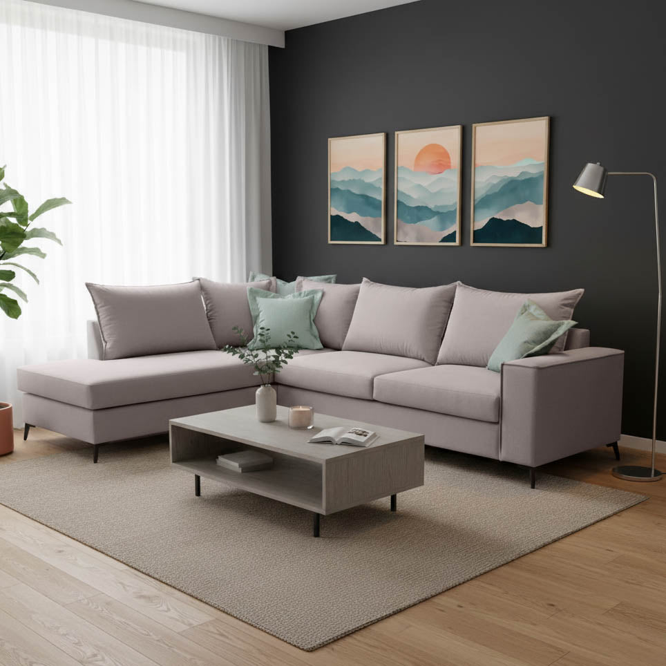 Γωνιακός καναπές δεξιά γωνία Romantic pakoworld ύφασμα elephant-ciel 290x235x95εκ