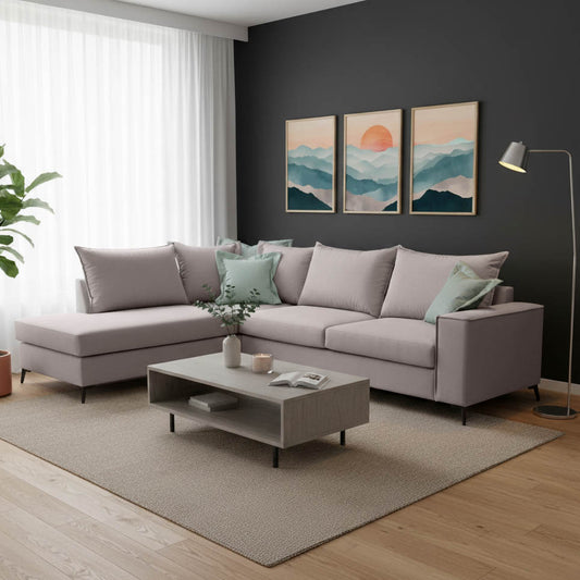 Γωνιακός καναπές δεξιά γωνία Romantic pakoworld ύφασμα elephant-ciel 290x235x95εκ