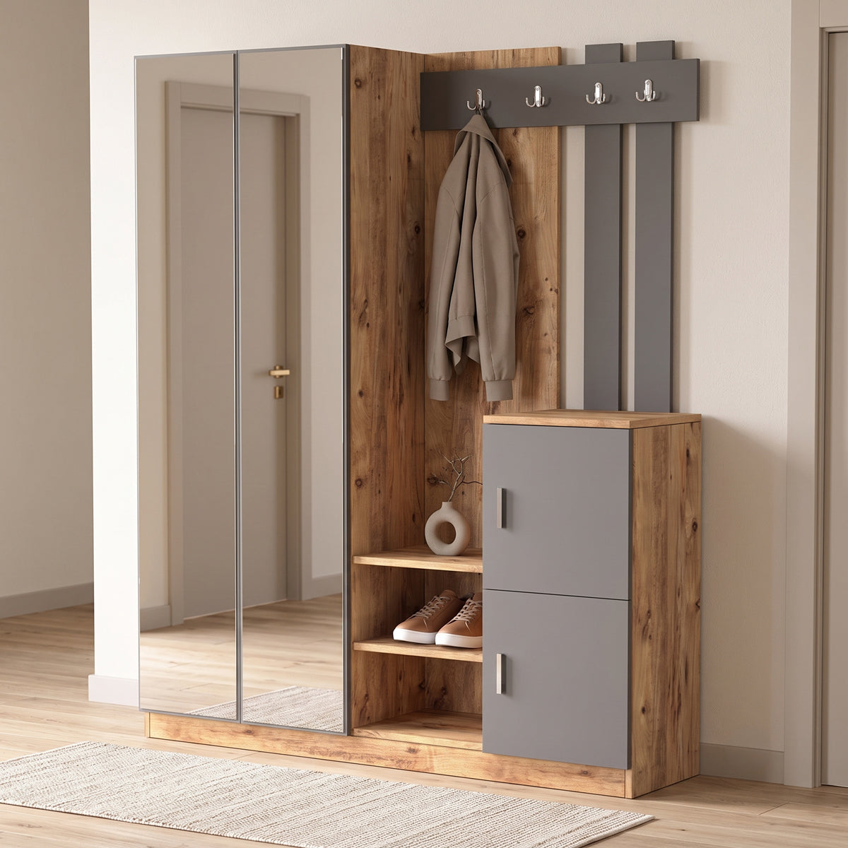 Έπιπλο εισόδου Doorse pakoworld μελαμίνης ανθρακί-oak 147.5x35x180εκ