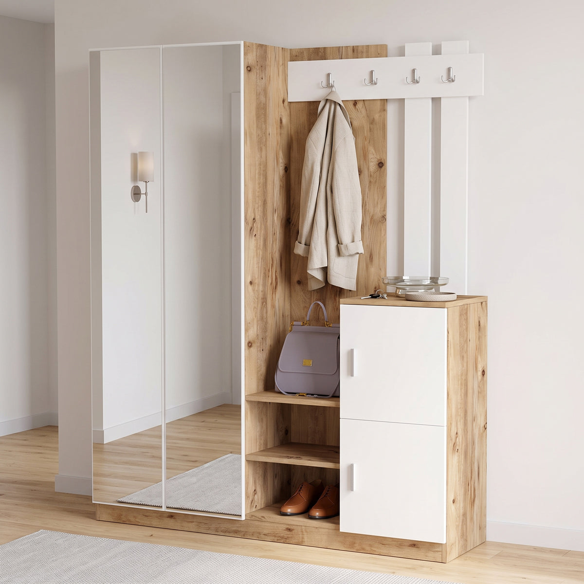 Έπιπλο εισόδου Doorse pakoworld μελαμίνης λευκό-oak 147.5x35x180εκ