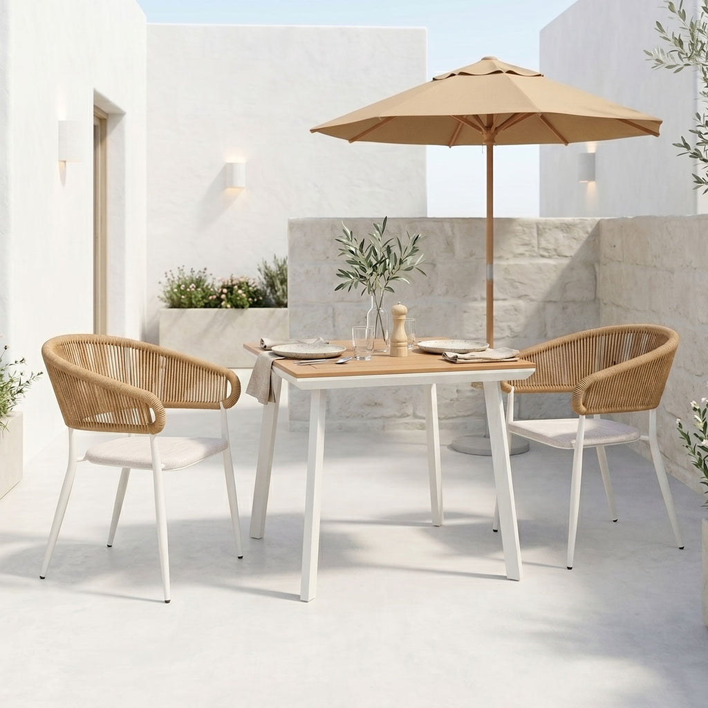 Τραπεζαρία Synergy-Raven σετ 3τεμ pakoworld λευκό αλουμίνιο και plywood σε φυσικό χρώμα 80x80x74εκ