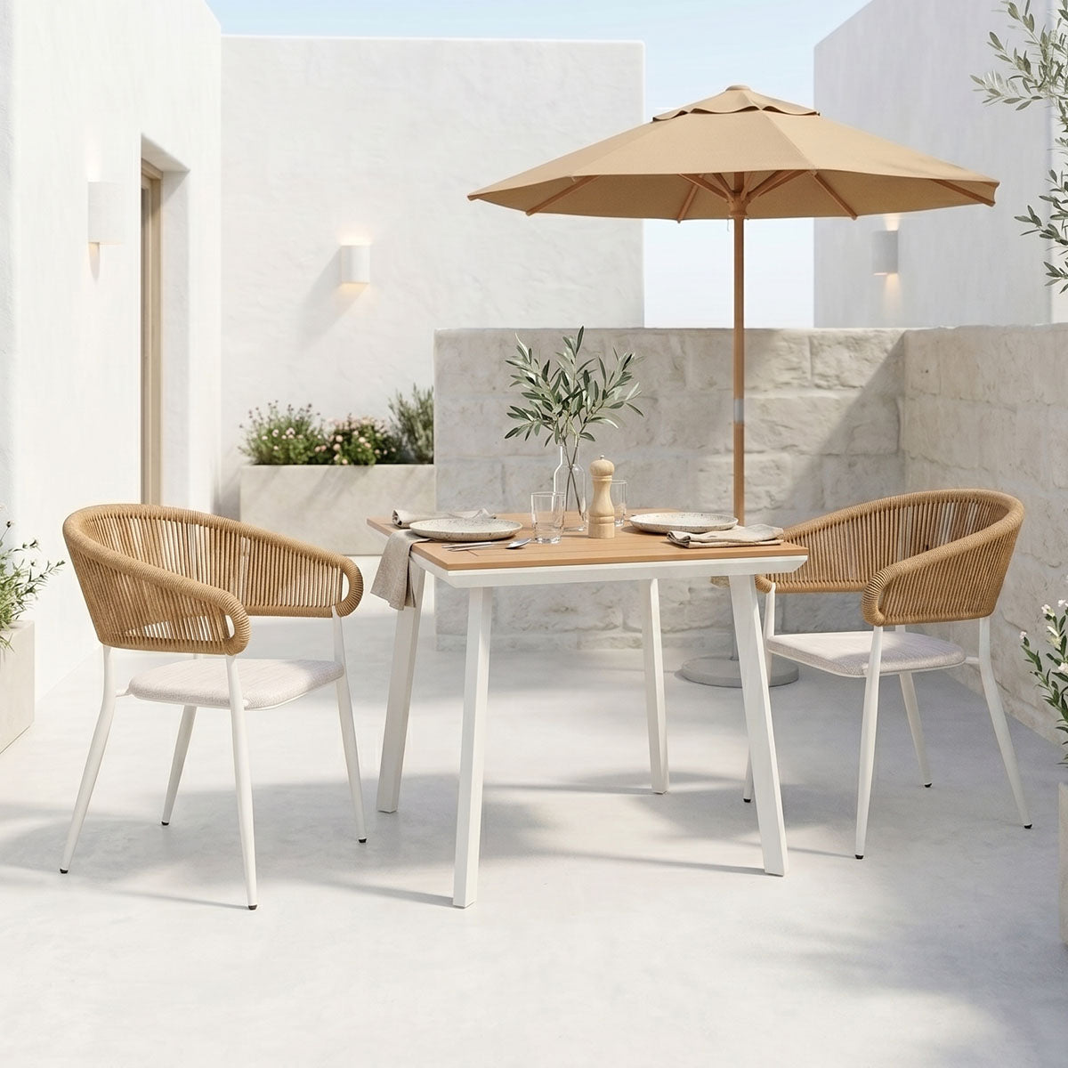 Τραπεζαρία Synergy-Raven σετ 3τεμ pakoworld λευκό αλουμίνιο και plywood σε φυσικό χρώμα 80x80x74εκ