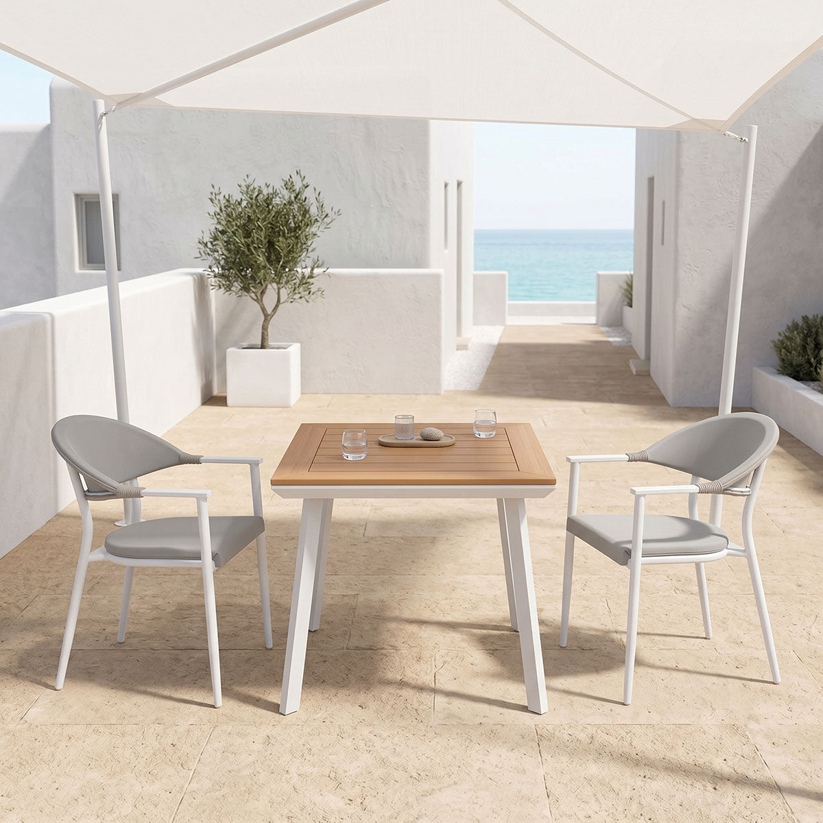 Τραπεζαρία Synergy-Pino σετ 3τεμ 4Life λευκό αλουμίνιο και plywood σε φυσικό χρώμα 80x80x74εκ