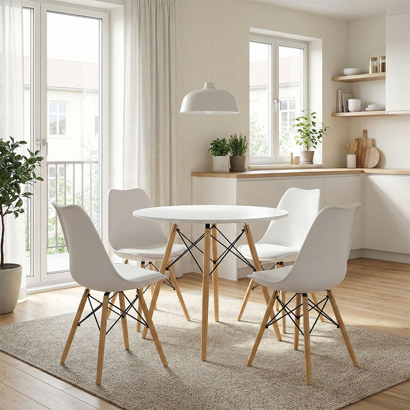 Τραπεζαρία Julita σετ 5τεμ pakoworld MDF και ξύλο οξιάς σε λευκή-φυσική απόχρωση Φ80x73εκ