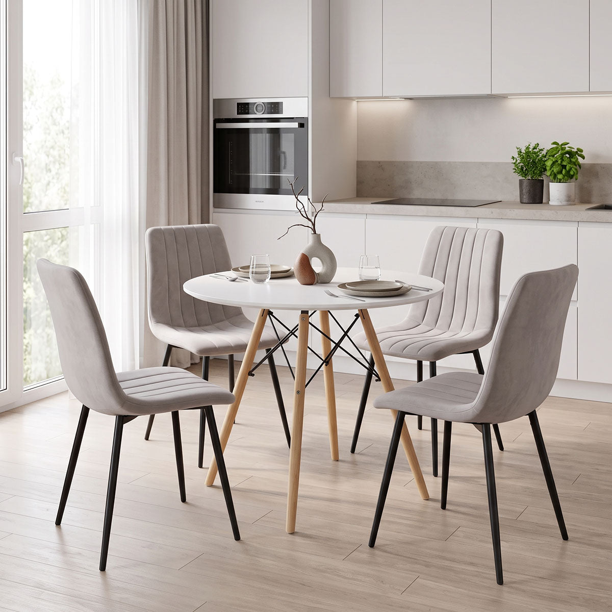 Τραπεζαρία Julita-Noor pakoworld σετ 5τεμ MDF λευκό-γκρι-πόδια φυσικό Φ80x73εκ