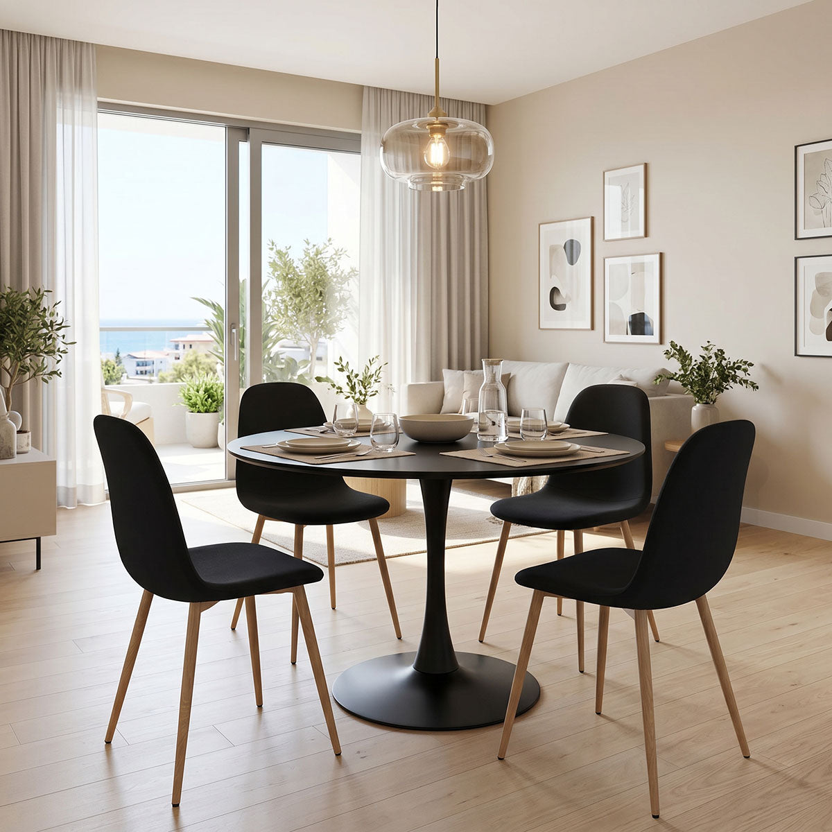 Τραπεζαρία Bella-Balou pakoworld σετ 5τεμ MDF μαύρο-ύφασμα μαύρο Φ120x73εκ