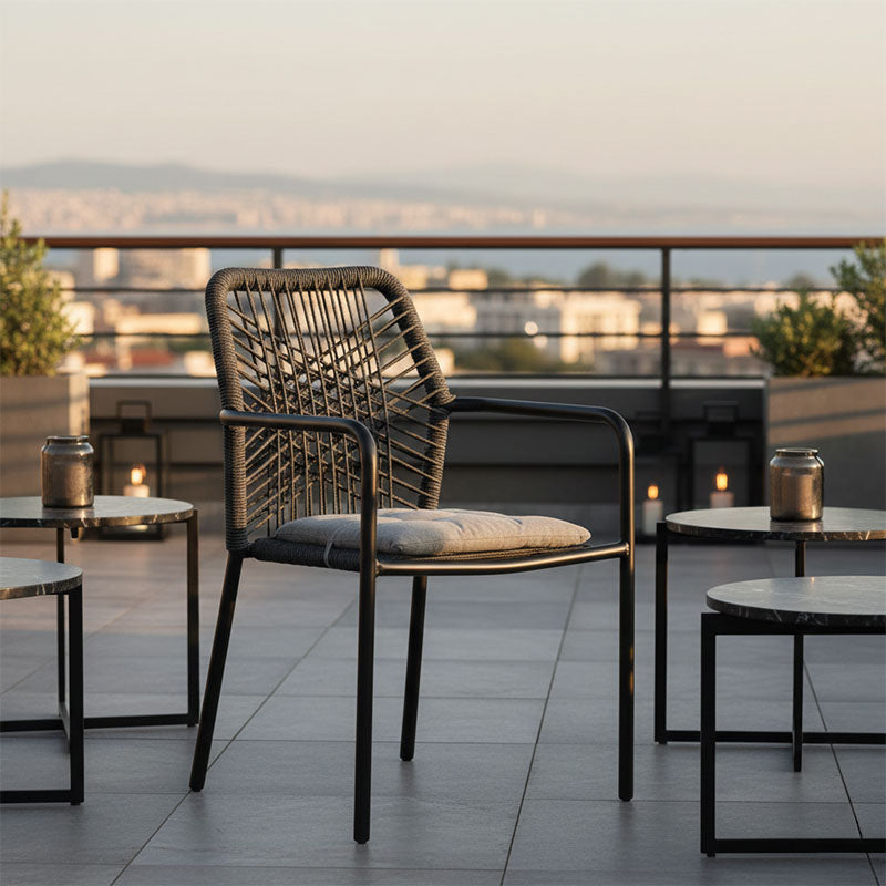 Πολυθρόνα Kherson pakoworld αλουμίνιο σχοινί ανθρακί-μαξιλάρι γκρι
