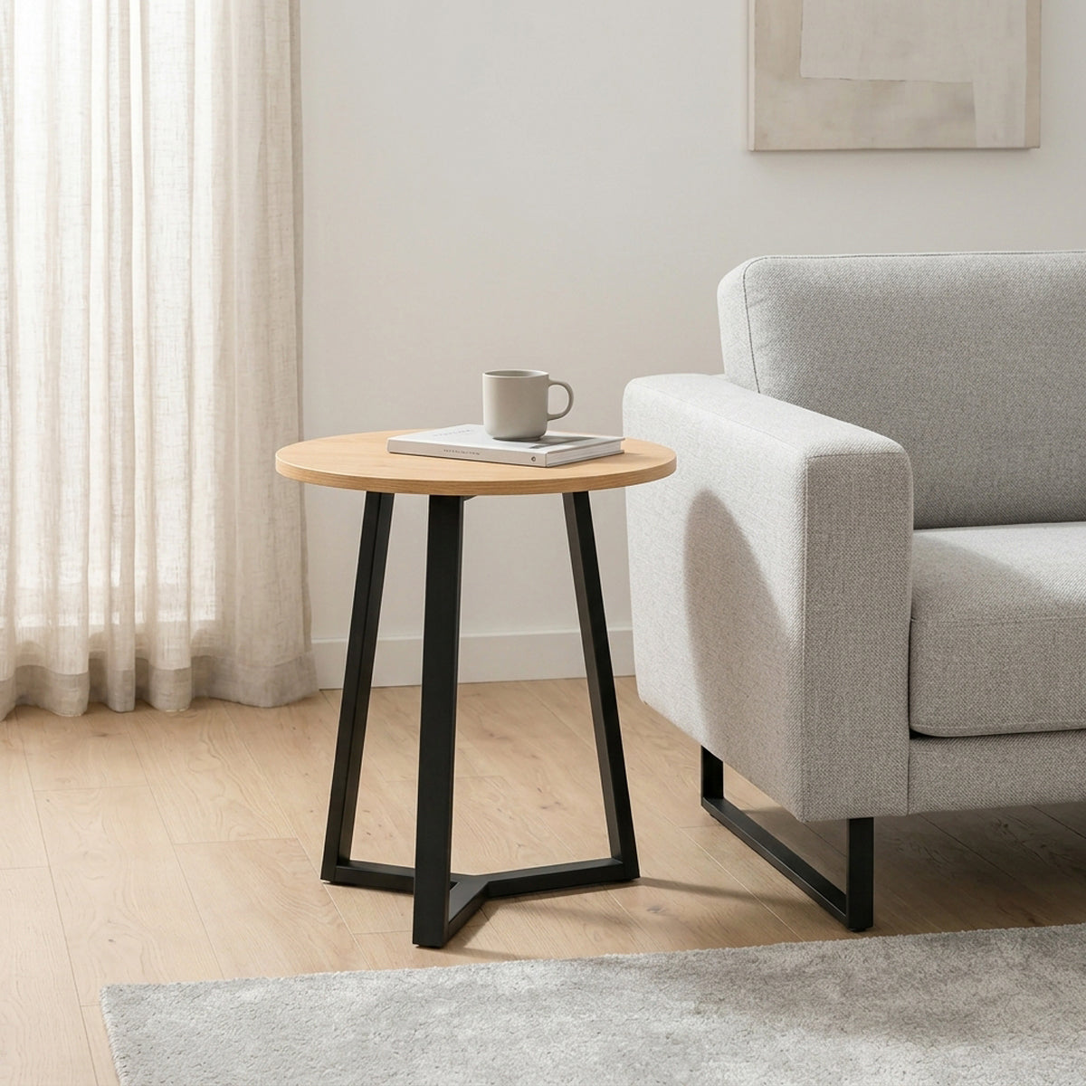 Βοηθητικό τραπέζι Berton pakoworld σε φυσική απόχρωση με μαύρο μέταλλο Φ45x52εκ