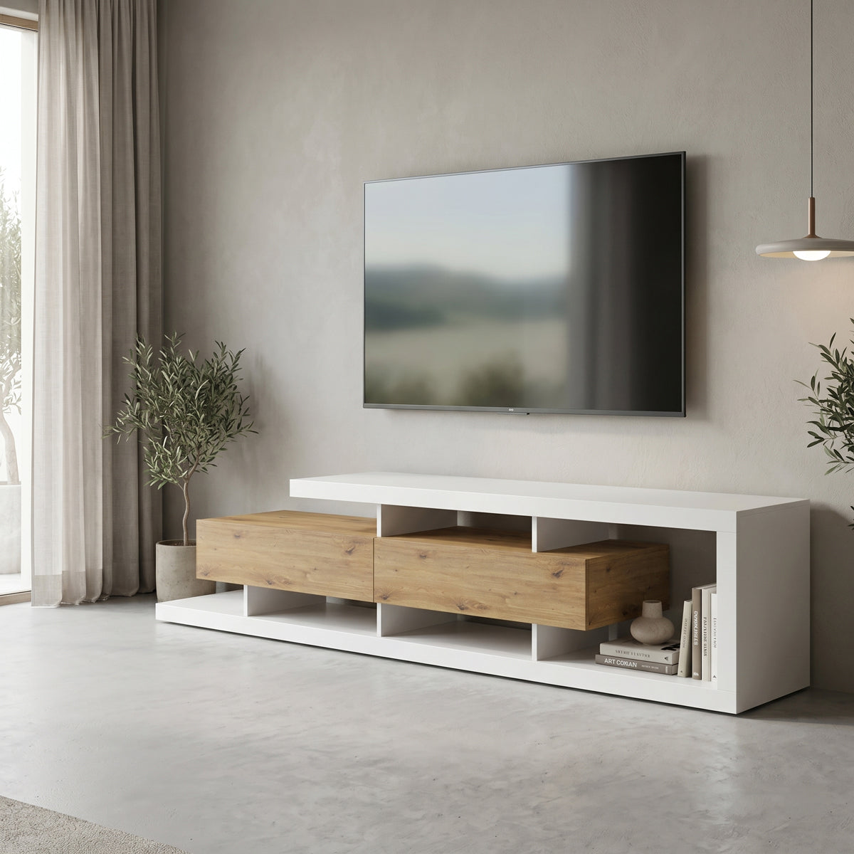 Έπιπλο τηλεόρασης Arbero pakoworld λευκό-oak 198x40x45εκ