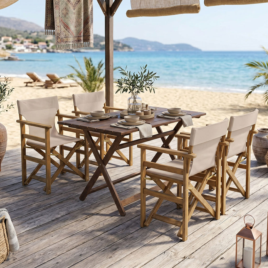 Tραπεζαρία Retto σετ 5τμχ μασίφ ξύλο οξιάς καρυδί πανί-μπεζ γκρι 100x60x71εκ