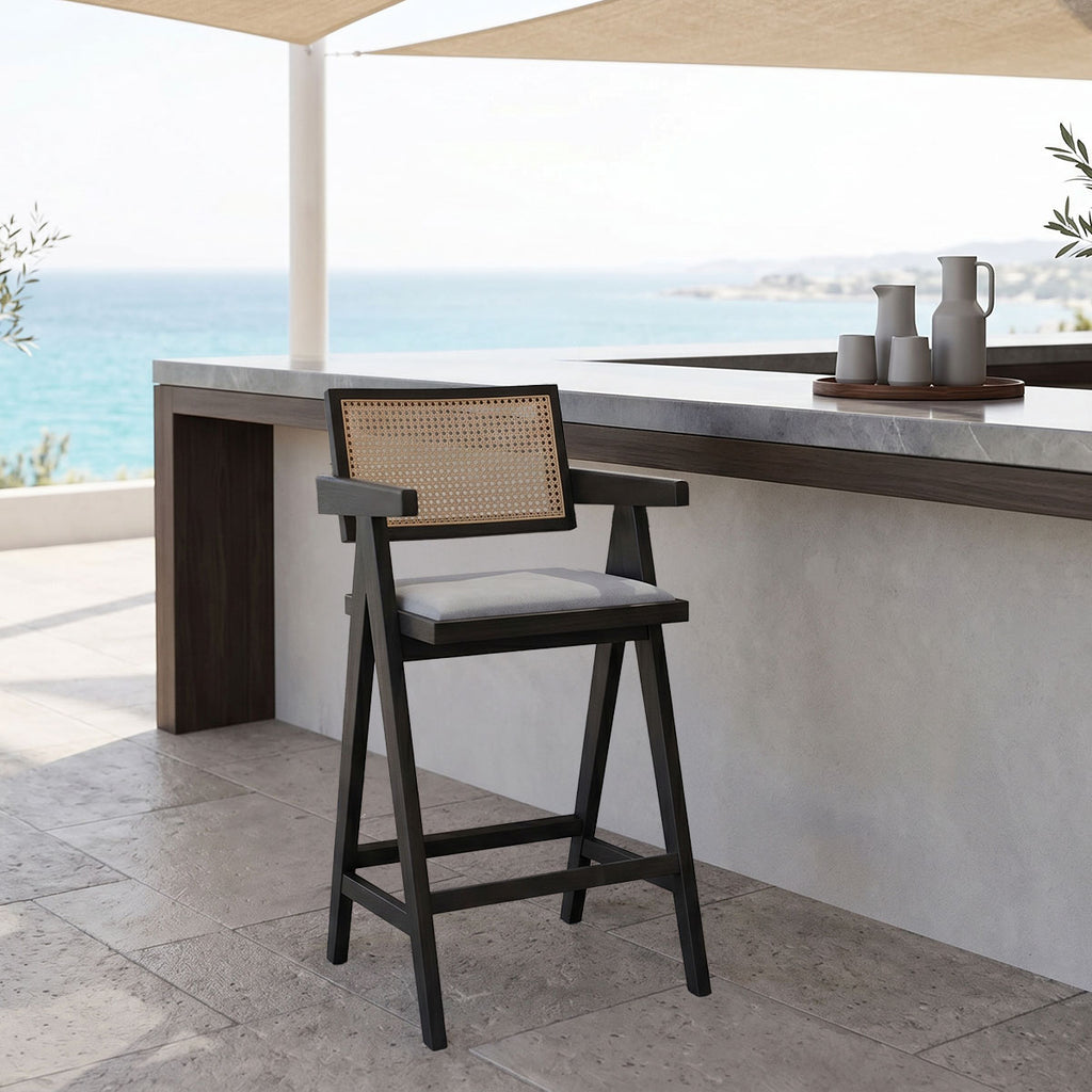 Σκαμπό bar Winslow pakoworld ξύλο rubberwood μαύρο-pvc rattan φυσικό-ύφασμα γκρι