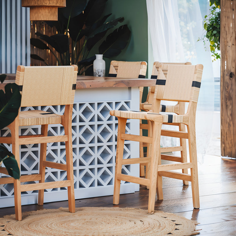 Σκαμπό μπαρ Nelanto pakoworld rubberwood φυσικό-έδρα φυσικό-μαύρο σχοινί 45x46x95εκ