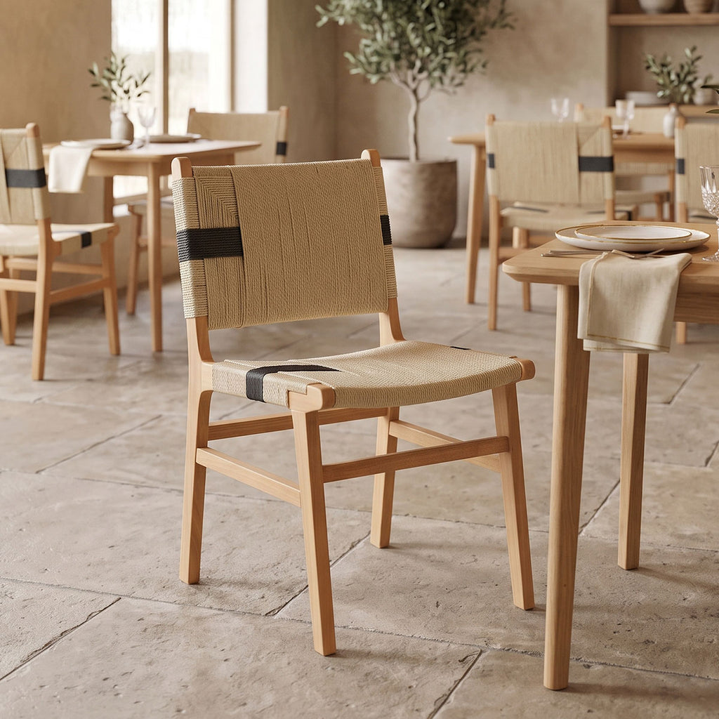 Καρέκλα Nelanto pakoworld rubberwood και επένδυση με σχοινί σε φυσικό-μαύρο χρώμα 61x54x85εκ