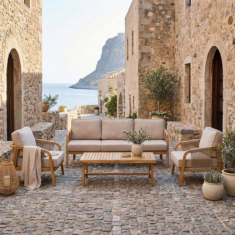 Σαλόνι εξωτερικού χώρου Malibu III pakoworld ξύλο ακακίας με σχοινί σε φυσική απόχρωση και μπεζ μαξιλάρια