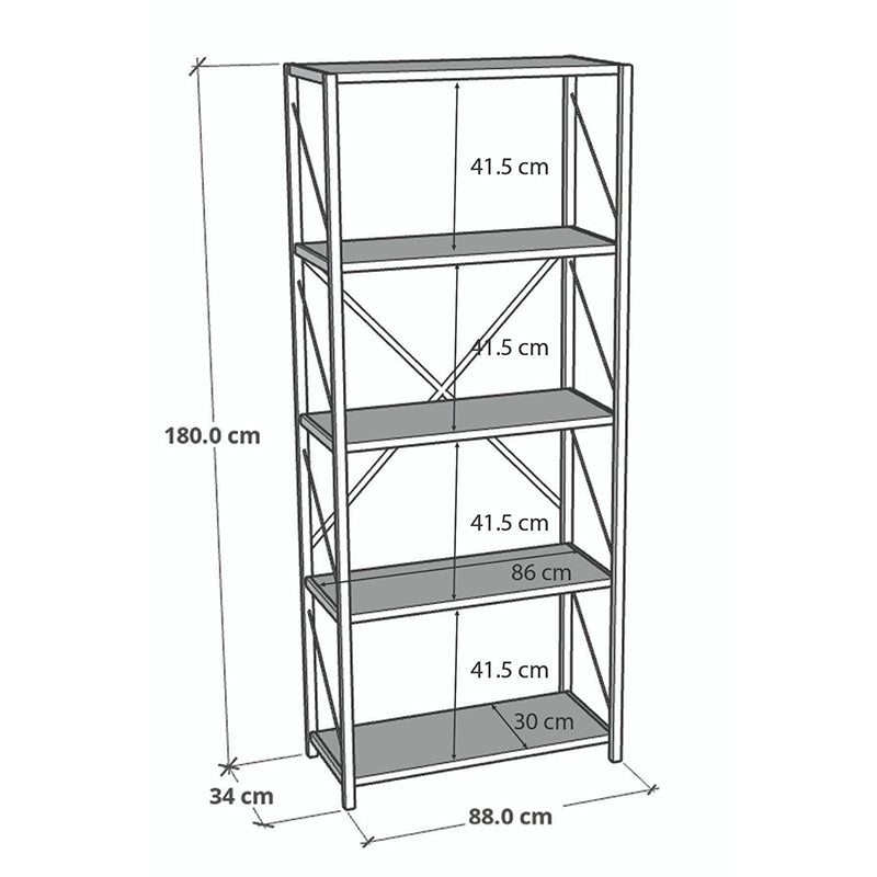 Βιβλιοθήκη Tikilmo pakoworld oak μελαμίνης-μαύρο μέταλλο 88x34x180εκ