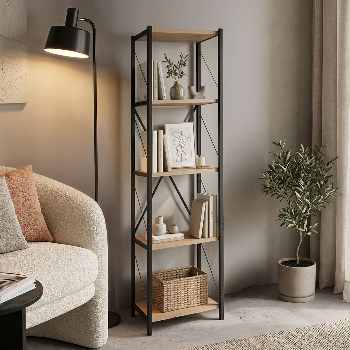 Βιβλιοθήκη Glase pakoworld oak μελαμίνης-μαύρο μέταλλο 40x30x150εκ