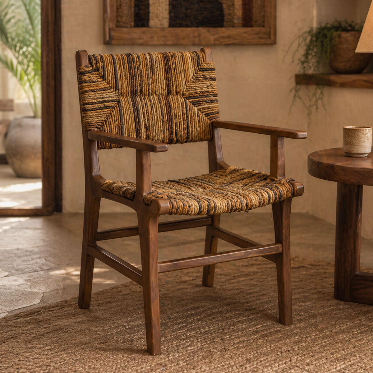 Πολυθρόνα Refane pakoworld φυσικό teak ξύλο-ψάθα 55x60x85εκ