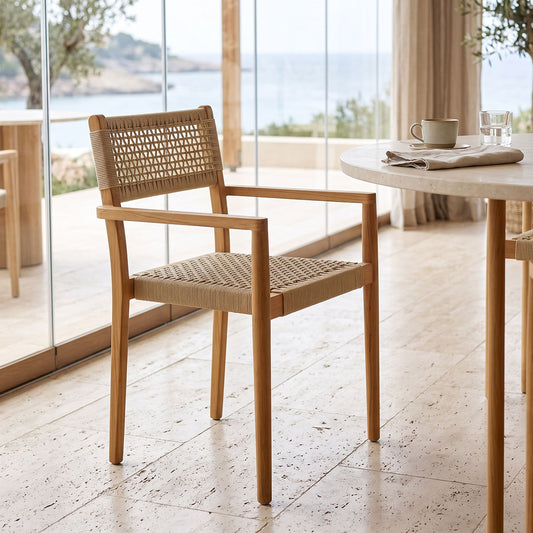Πολυθρόνα Lengan pakoworld σκελετός teak ξύλο σε φυσική απόχρωση-μπεζ σχοινί 54x52x80εκ