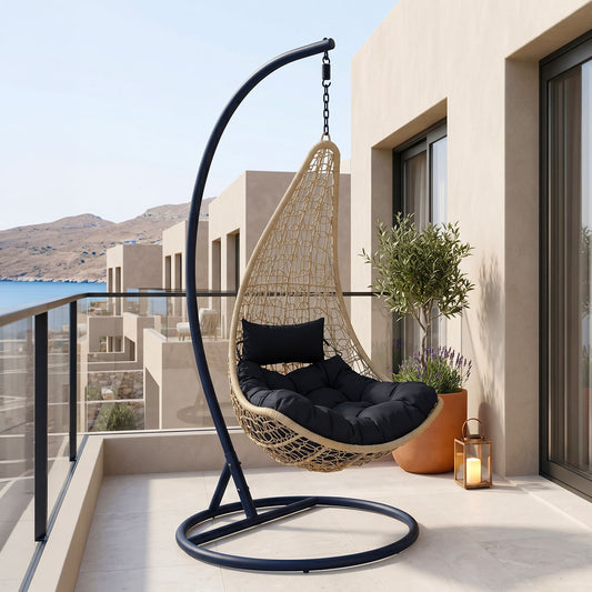 Κούνια φωλιά με βάση Soleil pakoworld μέταλλο μαύρο- pe rattan φυσικό με μαύρο μαξιλάρι 120x95x195εκ