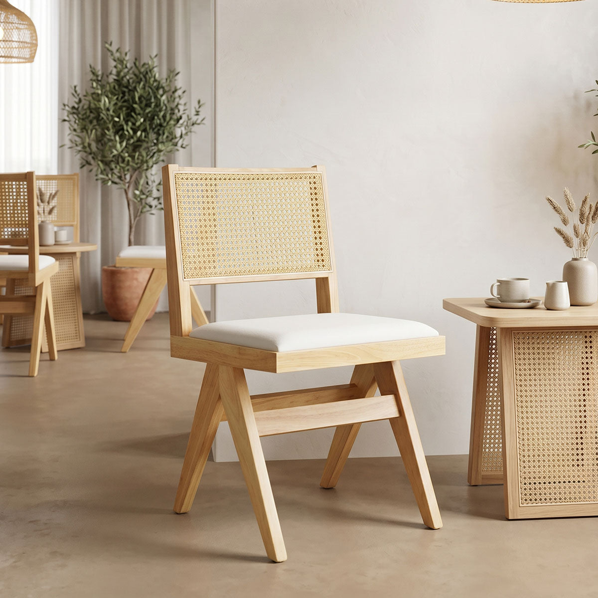 Καρέκλα Winslow pakoworld rubberwood σε φυσική απόχρωση-ύφασμα λευκό 46x58x80εκ