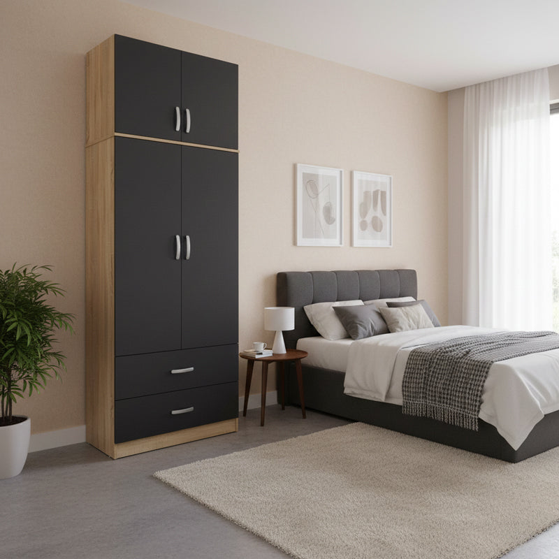 Ντουλάπα δίφυλλη με 2 συρτάρια και πατάρι Athos pakoworld σε oak-ανθρακί απόχρωση 80x42x240εκ