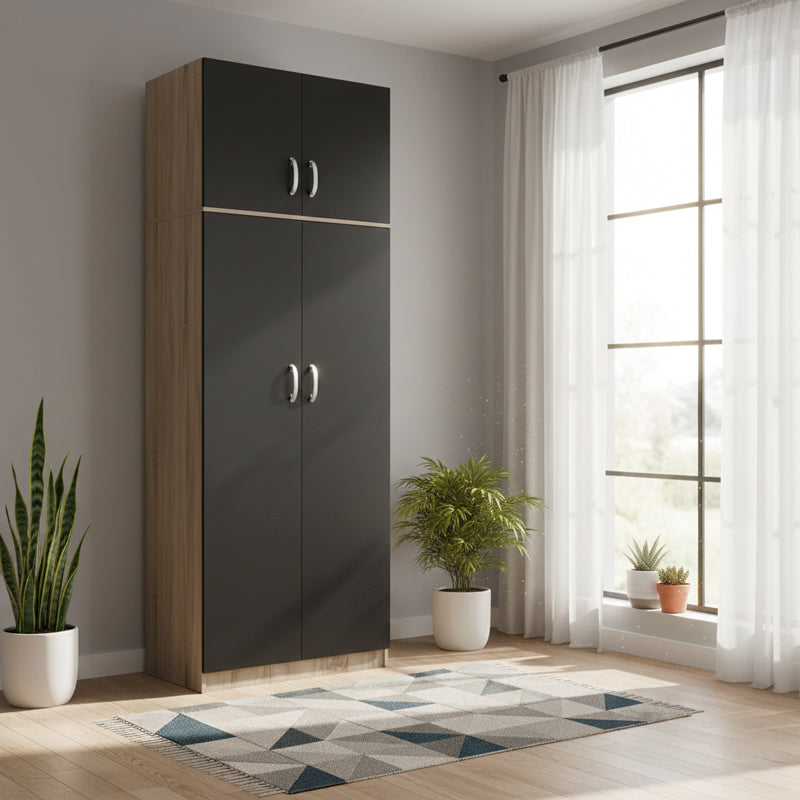 Ντουλάπα δίφυλλη και πατάρι Athos pakoworld σε sonoma-ανθρακί απόχρωση 80x42x240εκ