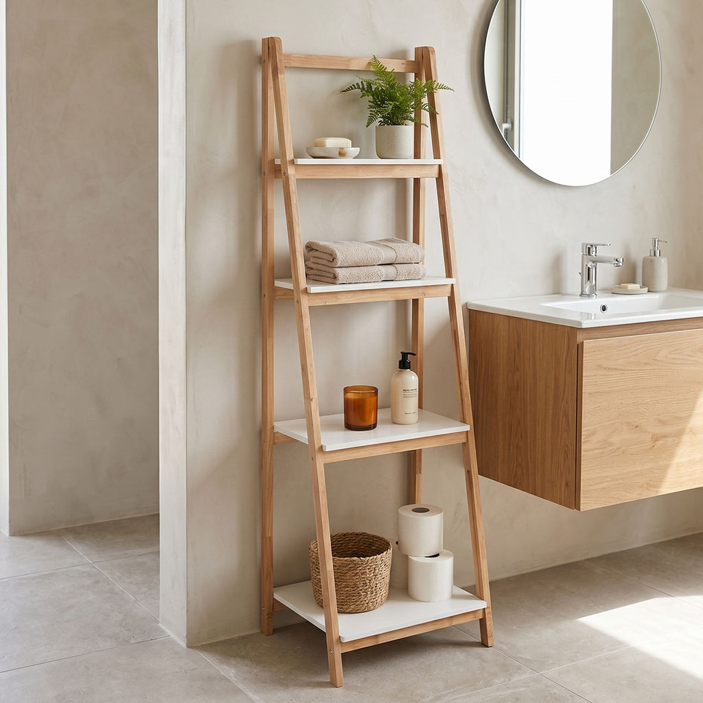 Ραφιέρα δαπέδου Benwen pakoworld πτυσσόμενη rubberwood-mdf σε λευκή-φυσική απόχρωση 42x34.5x140εκ