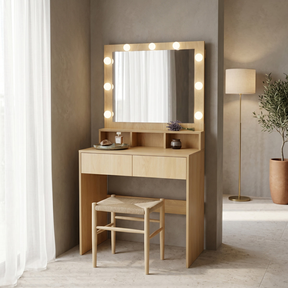Τουαλέτα κρεβατοκάμαρας Vanity pakoworld με led σε φυσική απόχρωση 80x40x140εκ