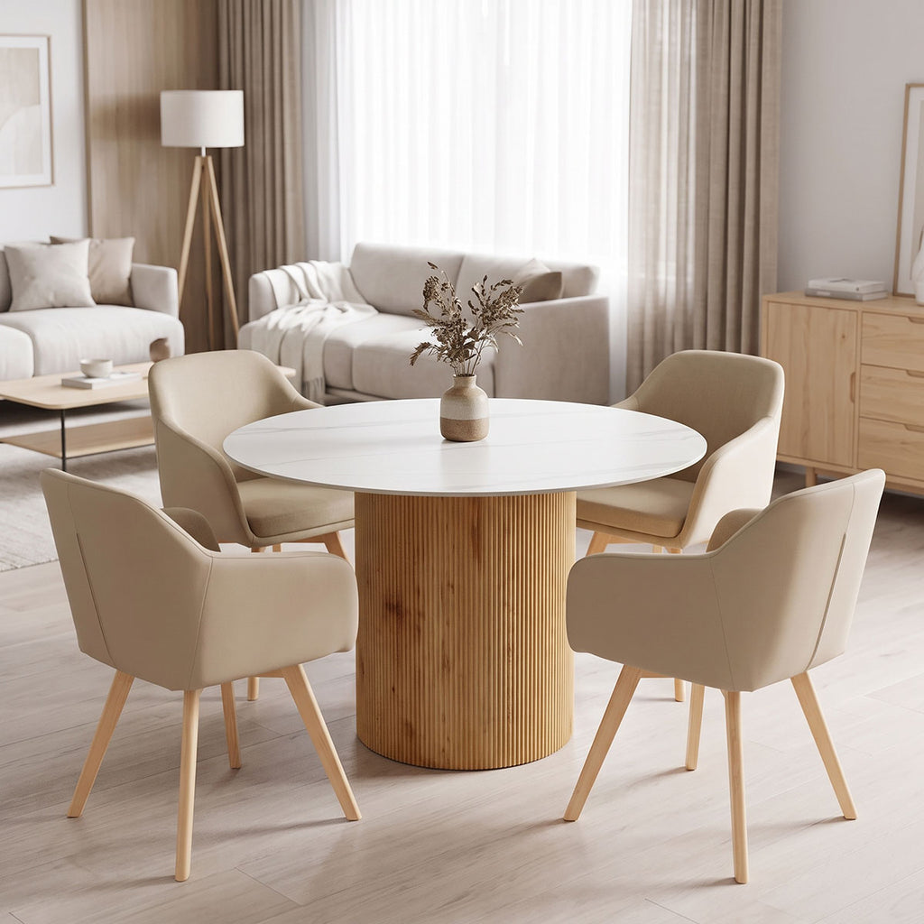 Τραπέζι Sikulu pakoworld oak MDF με κεραμική επιφάνεια σε λευκό μαρμάρου Φ125x77εκ