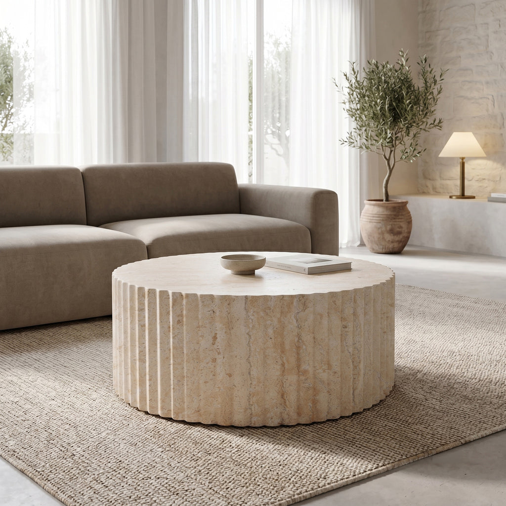Τραπέζι σαλονιού Binero pakoworld MGO όψη τραβερτίνας Φ106x45εκ